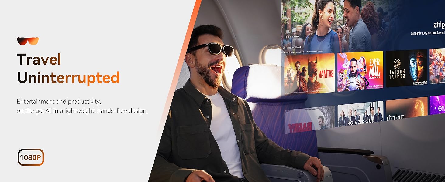 Entertainment interface showing streaming content selection screen with 'Travel Uninterrupted' branding and multiple media thumbnails displayed.