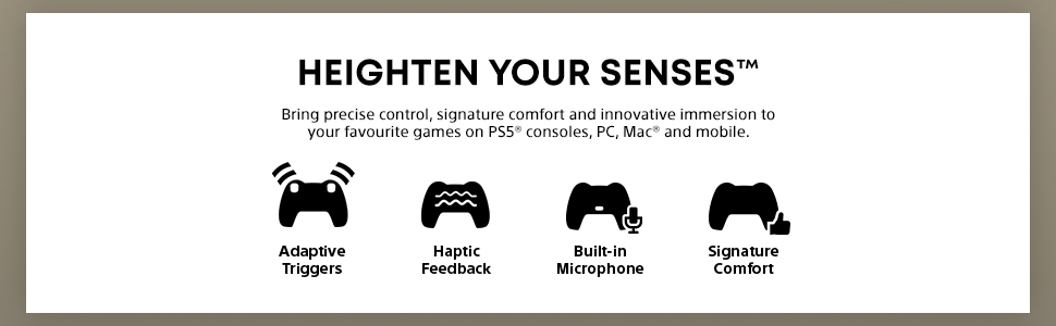 Feel immersive control with PS5: haptics, adaptive triggers, mic & comfort across devices.