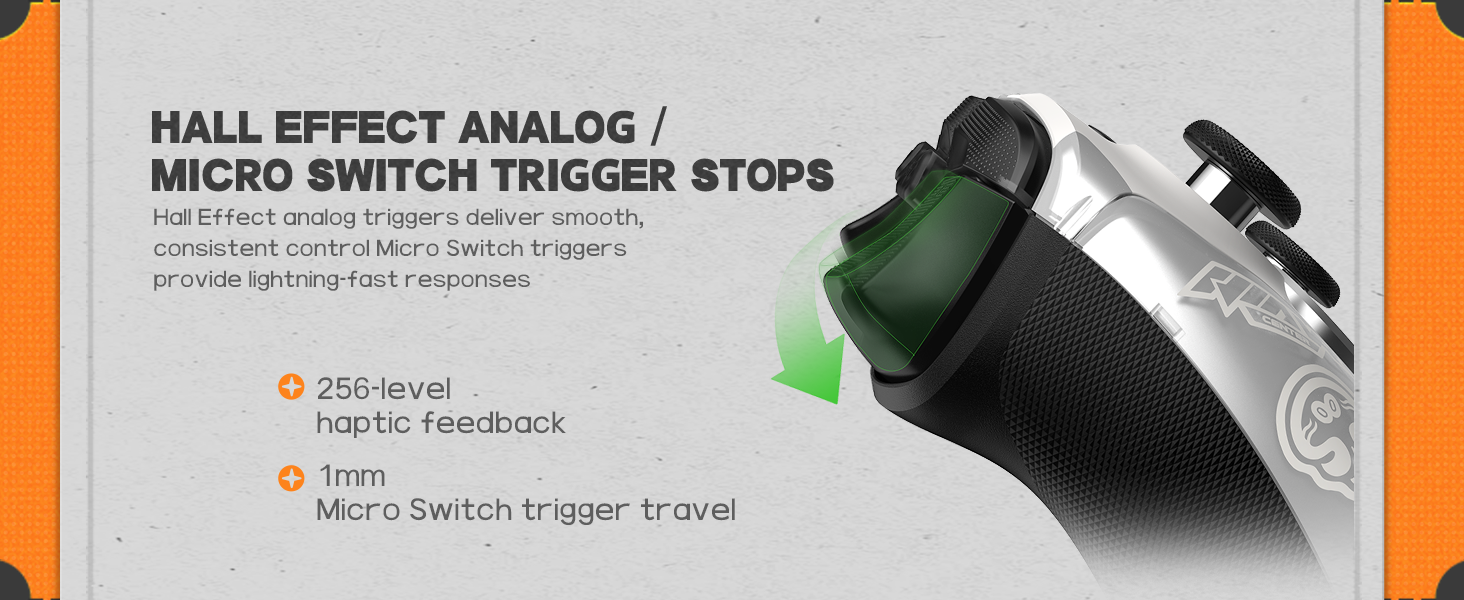 Technical diagram showing 'HALL EFFECT ANALOG / MICRO SWITCH TRIGGER STOPS' with detailed annotations for trigger travel, speed settings, and rotation controls.